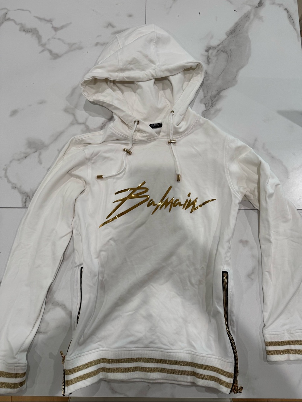 Balmain White Hoodie with Gold Logo Script